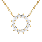 Yellow Gold Round Shape Diamond Sunflower Style Pendant With Shared Prong Setting.